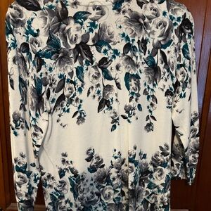 White House Black Market Floral Blouse in Cream and Teal